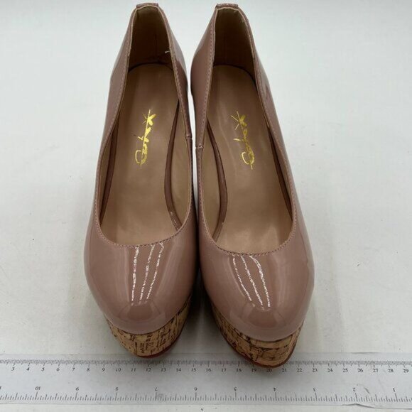 XYD Nude Round Toe Wood Platform Pumps Slip On Patent Wedge Cork High Heel Shoes - Picture 3 of 8